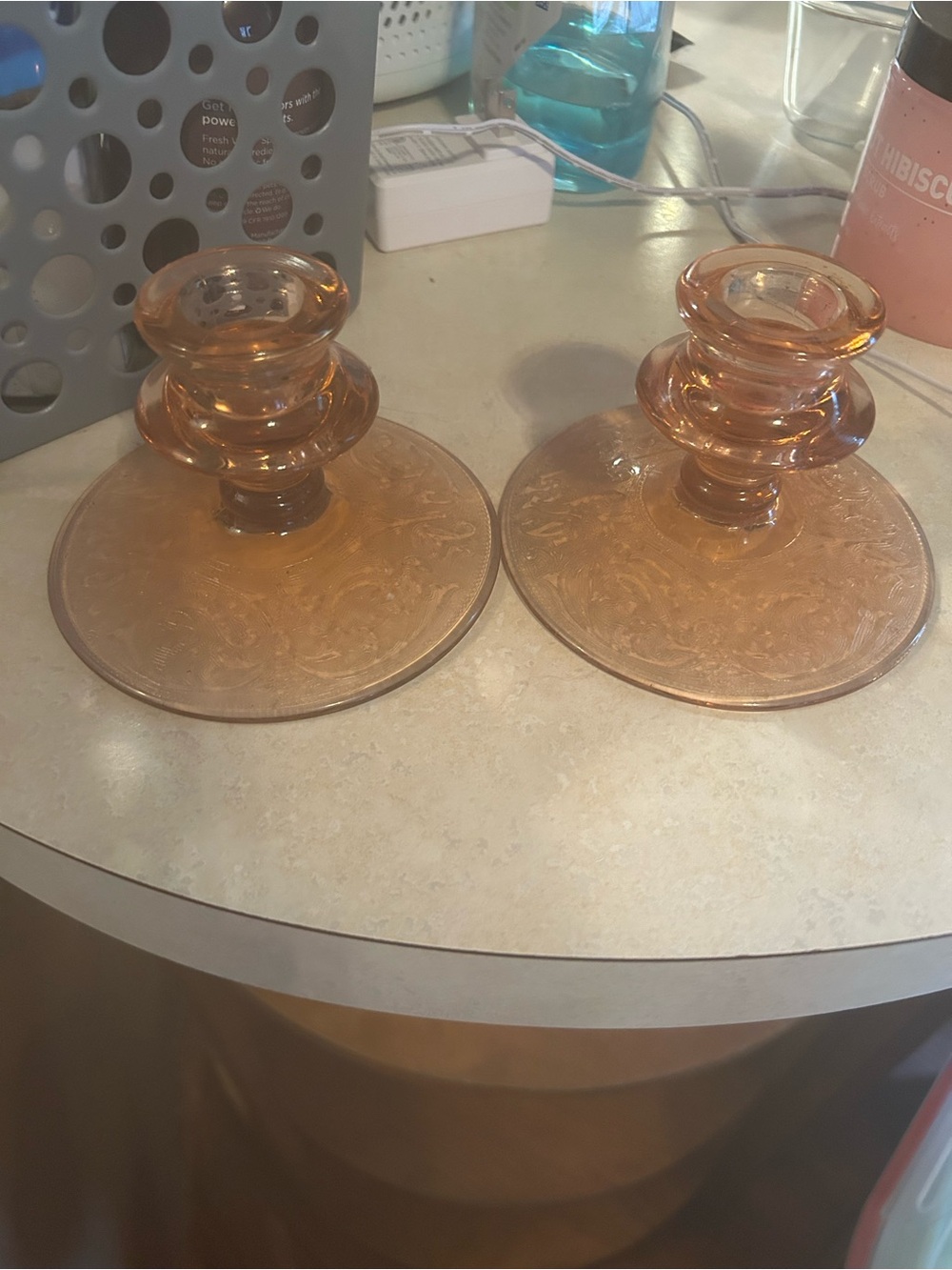Vintage Pink Glass Candlestick Holders - Set of 2